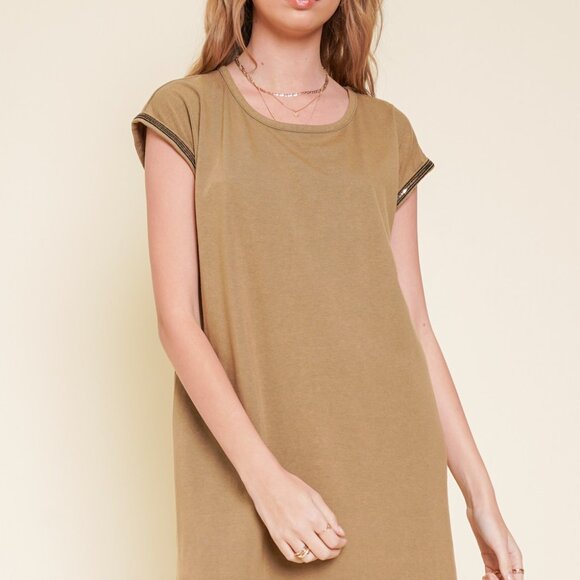 HEM & THREAD Camel T-Shirt Dress, Casual Relaxed Fit with Sequin Trim Sleeves - Picture 2 of 6